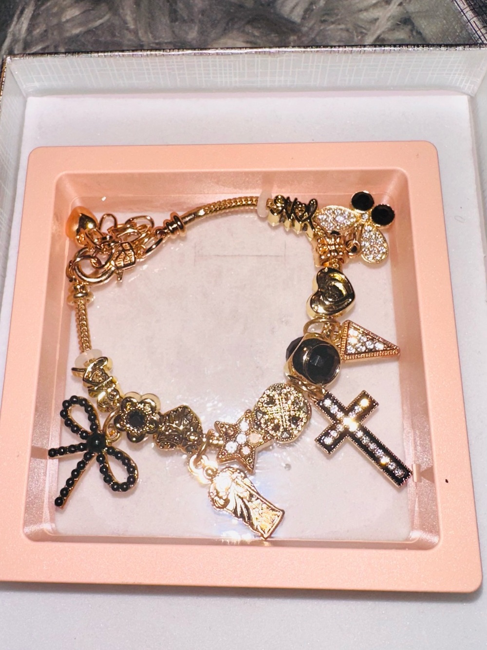 Gold-Tone Black Charm Bracelet - Women's Fashion Jewelry